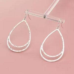 Hammered Silver Teardrop Pendant Drop Earrings Textured Dangle Open Charm Trendy